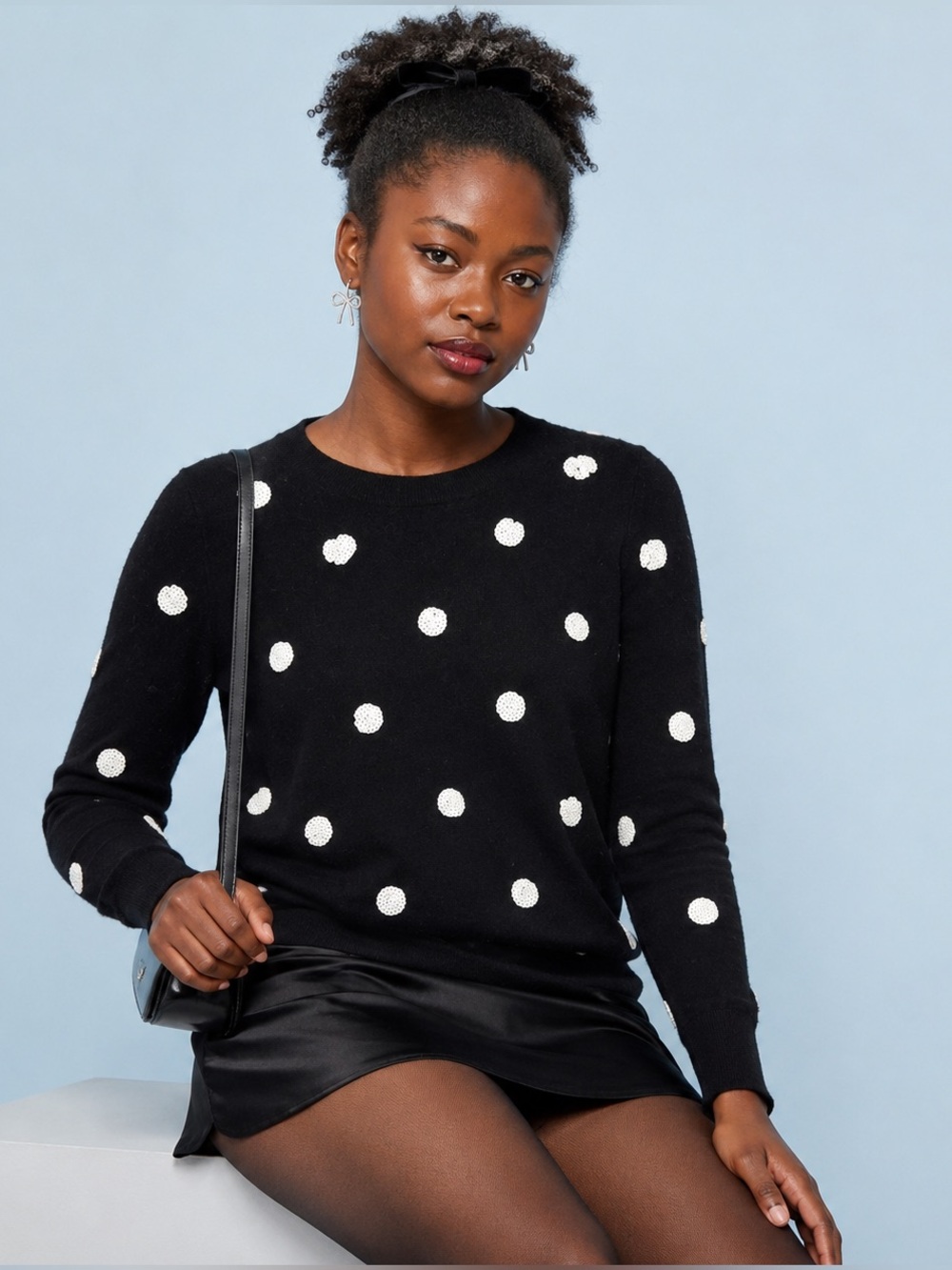 J.Crew 100% Cashmere Sequin Polka Dot Sweater Black White Size M